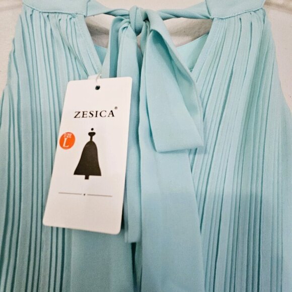 ZESICA Women's Aqua Blue Feminine Halter Neck Midi Dress Size L Tiered Chiffon - Picture 6 of 6